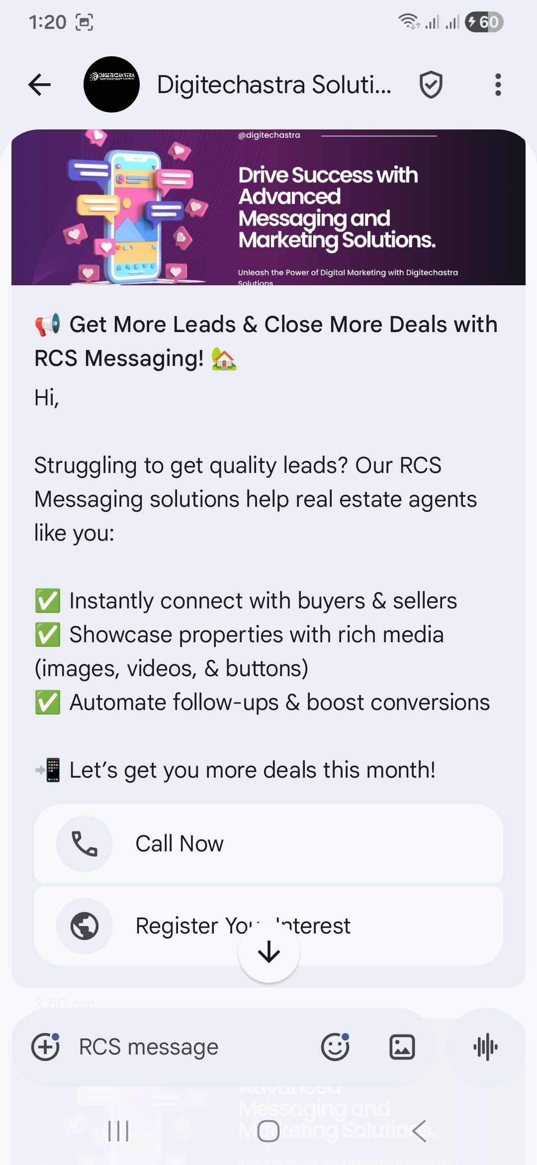 Real RCS screenshot showing rich message card and action buttons
